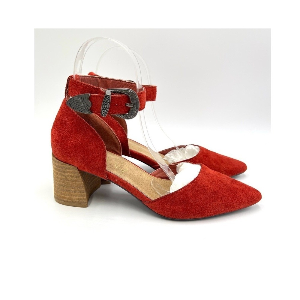 Mi.iM Womens Size 8 Faux Red Suede D'Orsay Block Heels Western‎ Buckle Shoes